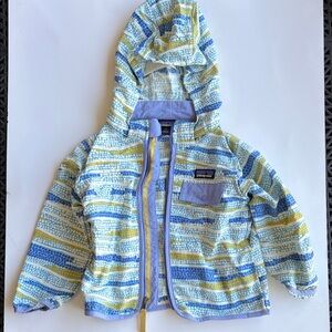 Patagonia Kids Hooded Lightweight Rain Jacket — Blue, Yellow & White Stripes
